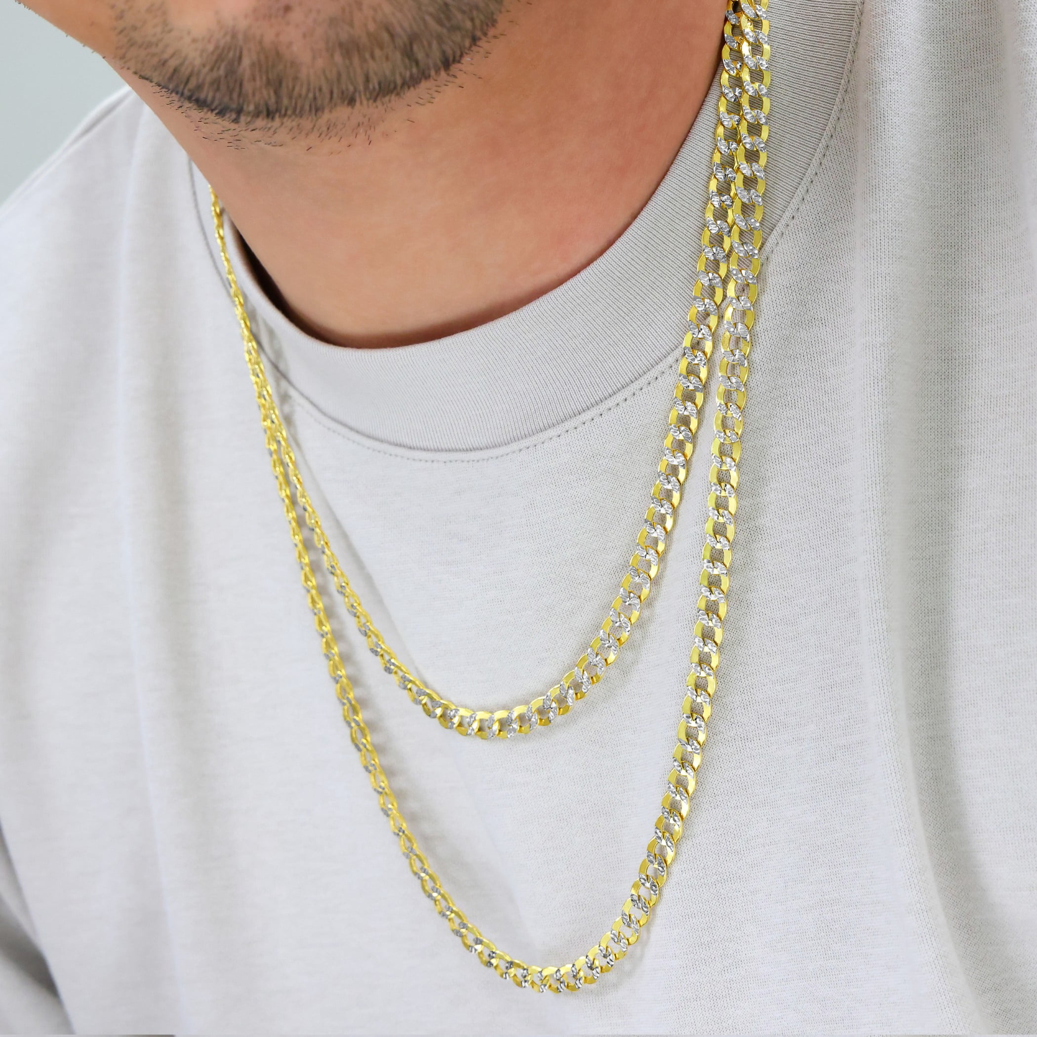 Nuragold 10k Real Yellow Gold Cuban Curb Link 6.5mm Diamond Cut Pave Chain Necklace (18"-30") Two Tone Italian Jewelry for Men