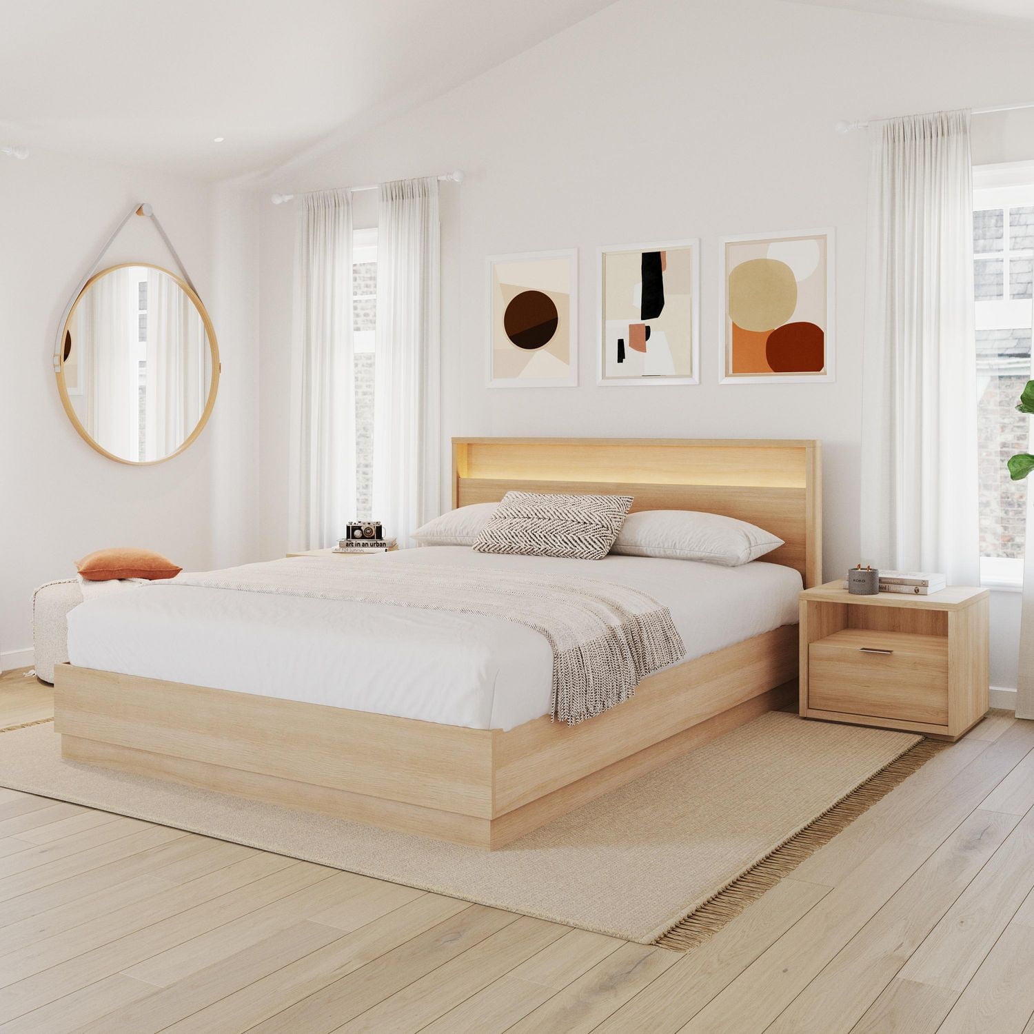 Harlow 4 Piece Queen Size Bedroom Set with Slatted Bedframe, Headboard with Integrated Light, 2 Nightstands