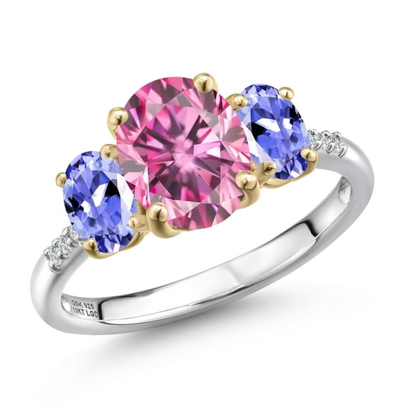 Gem Stone King 925 Silver and 10K Yellow Gold Pink Moissanite and Blue Tanzanite and Lab Grown Diamond Engagement Ring for Women | 2.96 Cttw | Oval 9X7MM | Birthstone | Size 6