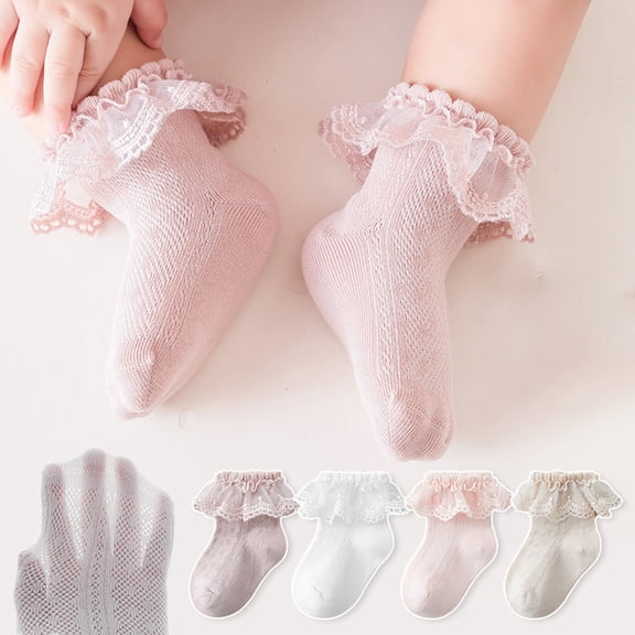 LYMAYTER 0-12Y Kids Dance Socks Toddler Ruffle Trim Socks Girls Solid Color Eyelet Dress Socks 4 Pack