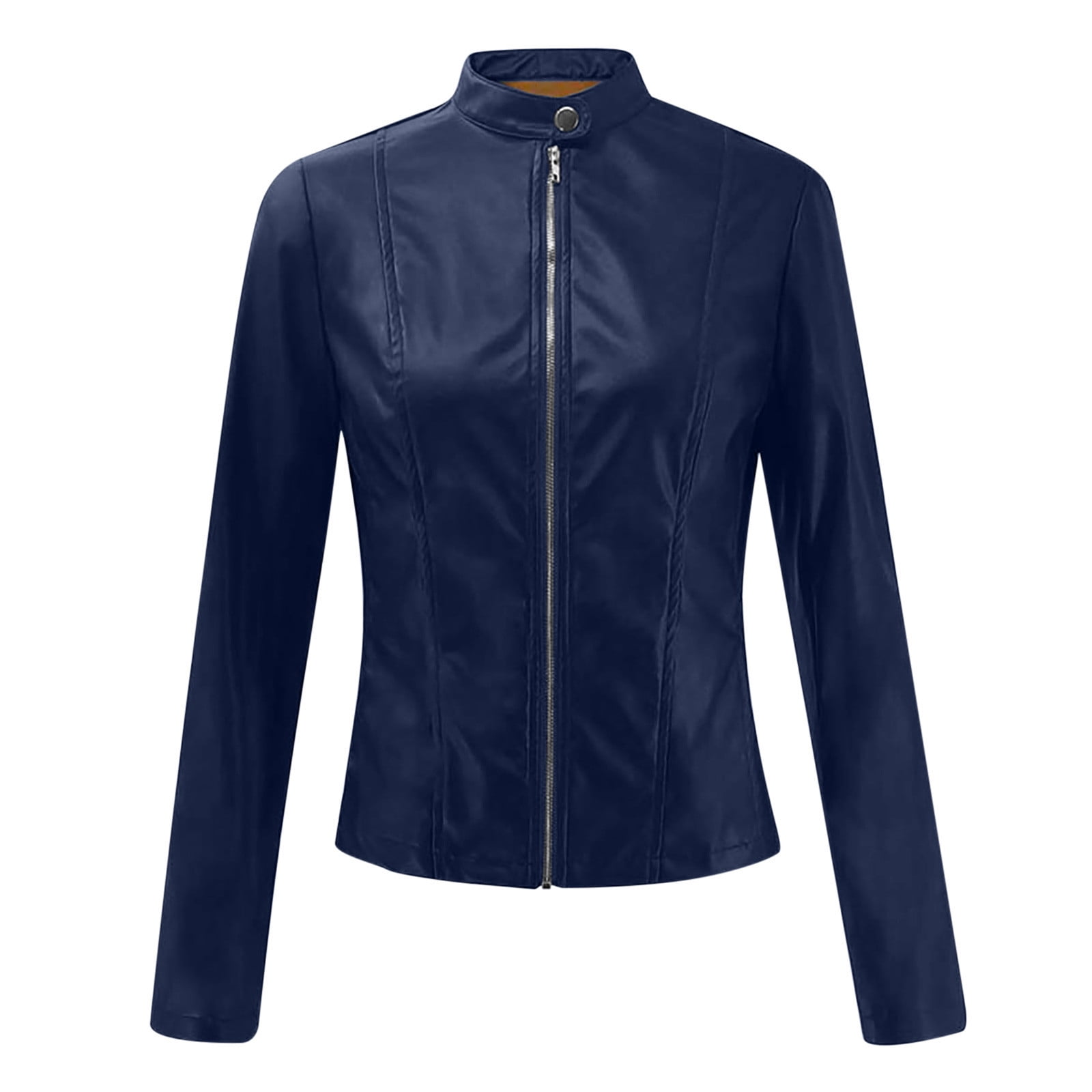 Hfyihgf Women's Fashion Faux Leather Jackets Lightweight Solid Color Zip Up Slim Short PU Biker Coat（Navy,XXL)