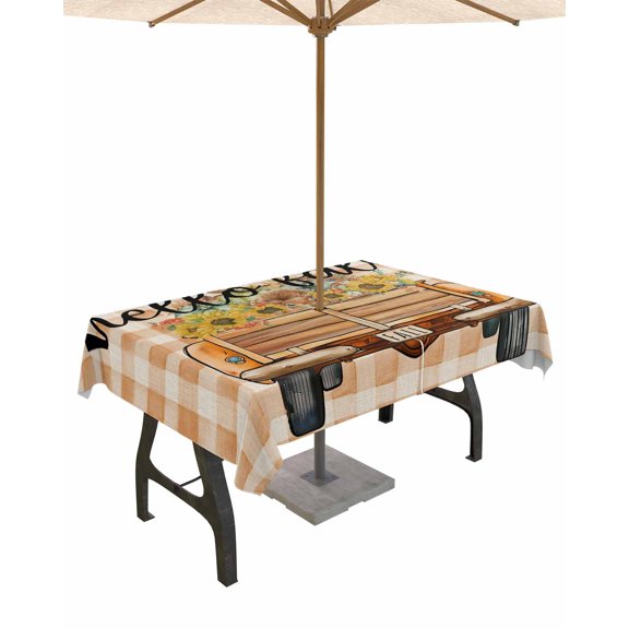 Fsddascl Hello Fall Outdoor Tablecloth - 60x102 Inch Rectangle Dining Table Cover, Orange Plaid Truck Pumpkins Sunflower Waterproof Outdoor Table Cloth with Umbrella Hole & Zipper for Picnic/Patio