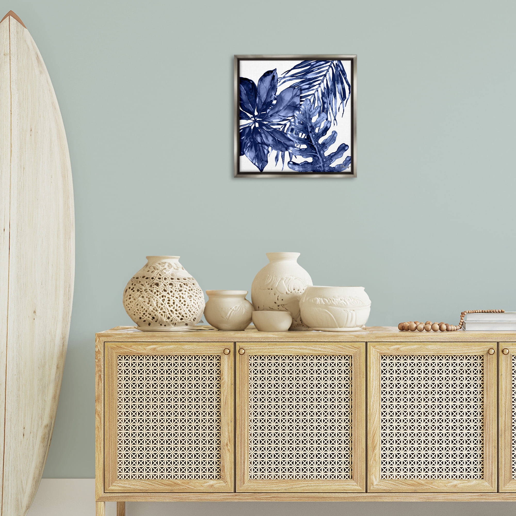 Stupell Industries Blue Hued Plant Leaves Botanical & Floral Painting Gray Floater Framed Canvas Art Print Wall Art, 18 x 18