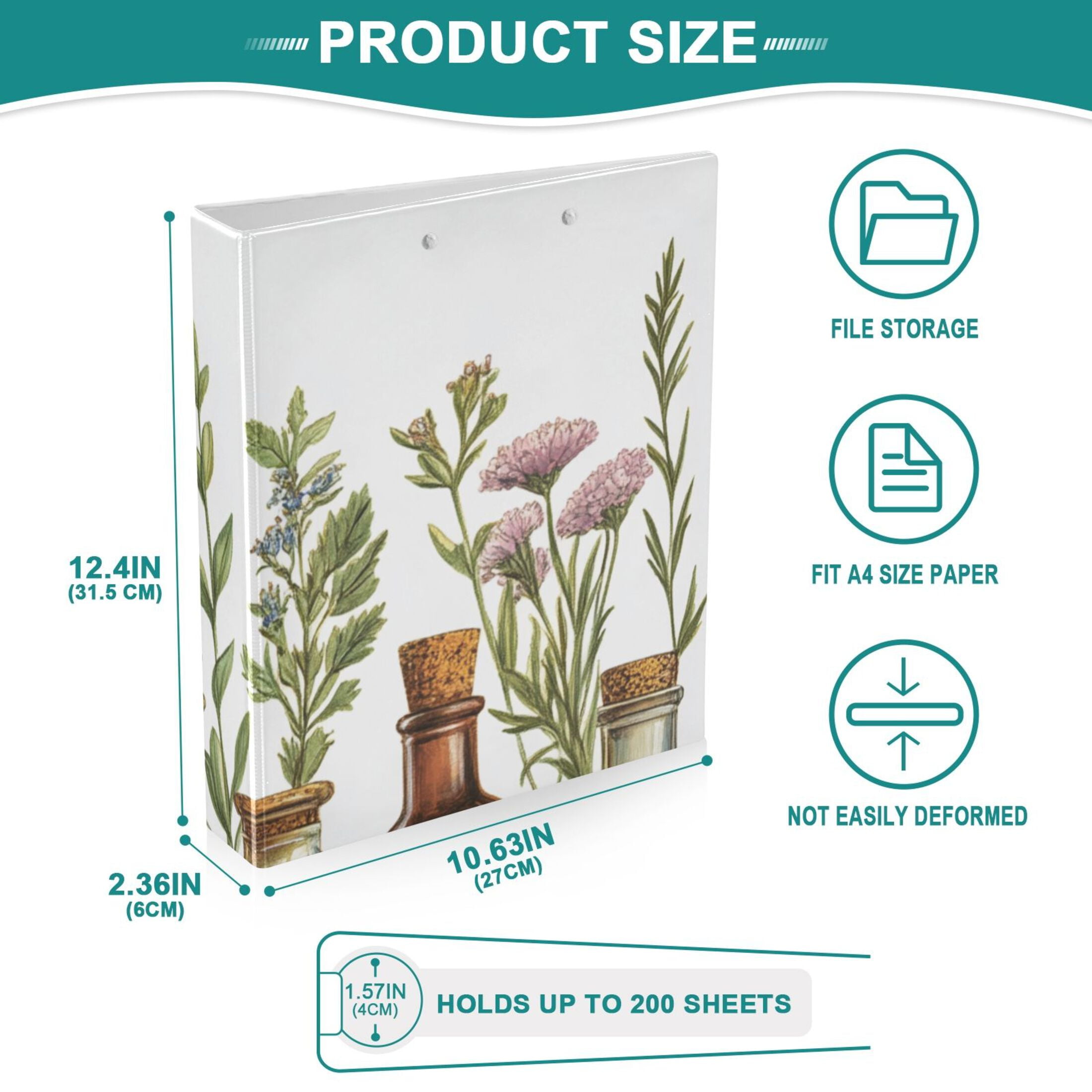 Drinks and Flowers Herbs 3 Ring Binders 1.5 inch Hardcover File Folders with Interior Pockets A4 Size Organizer for School Office Hospital