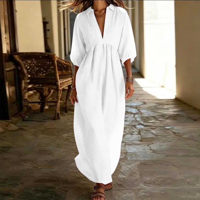 empire waist swing dress VBVC Women's Cotton Linen Collared Maxi Dress , Ladies' 3/4 Sleeve Empire  Waist Dress , Summer V-Neck A Line Swing Dress For Women,Black,S-3XL