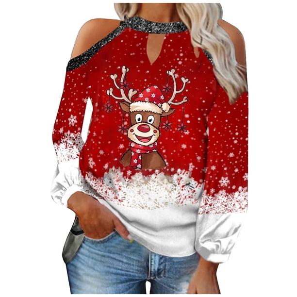 Mujeres otoño Navidad impreso linterna Sexy manga larga sin tirantes pulóver fuera del hombro blusa camiseta Tops Fridja FKASFK6065
