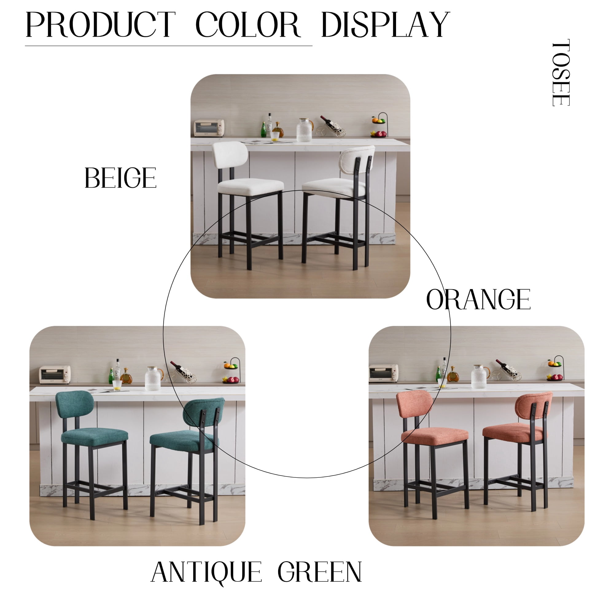 Upholstered Counter Height Bar Stools Set of 2 26 Inch with Plush Cream Fabric Cushion and Black Metal Legs for Kitchen Island