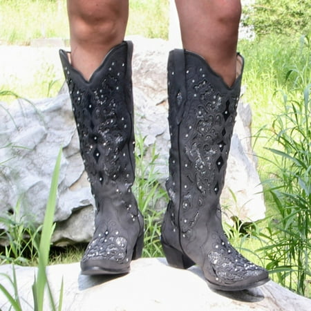 

TALKVE For Women Low Western Rhinestone Heel Boots High Rodeo Knee Studded Embroidered Boots Cowboy women s boots