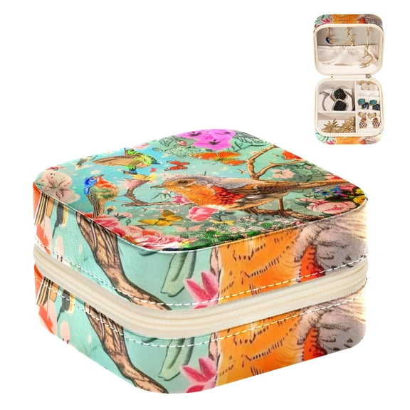 PhooArto Small Jewellery Box, Colorful Flowers Birds Butterfly Portable Travel Mini Jewelry Case for Women Leather Ring Organizer
