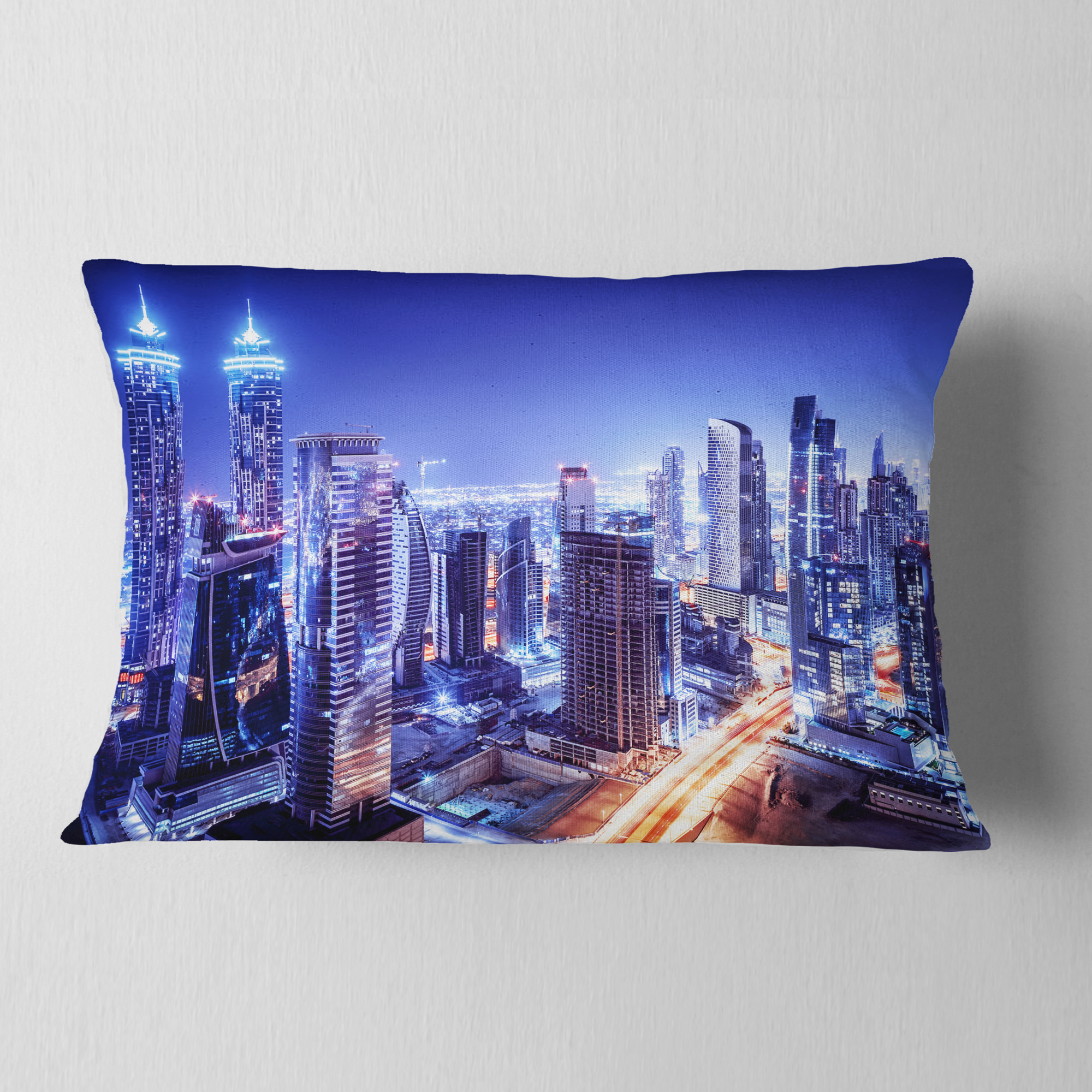 Designart Dubai Downtown Night Scene - Cityscape Photography Throw Pillow - 12x20