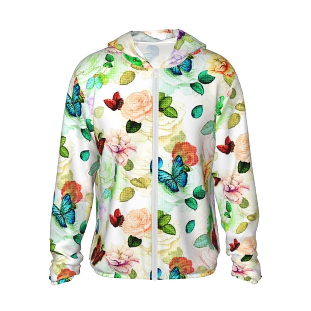 Fotbe Floral Vintage Chaqueta con Protección Solar UPF 50+ para Hombre y Mujer, Camisa con Capucha y Bolsillos-Small