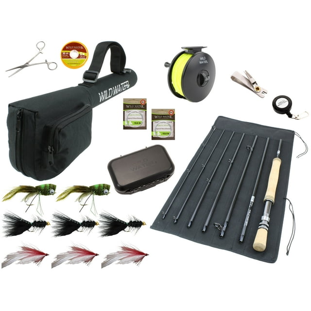 Wild Water Fly Fishing, 9 Foot, 8 Weight, 7 Piece Pack Rod and Reel, Deluxe Combo Kit, Freshwater Flies
