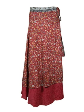 Mogul Women Maroon Vintage Silk Sari Magic Wrap Skirt Reversible Printed 2 Layer Sarong Beach Wear Cover Up Long Skirts One Size