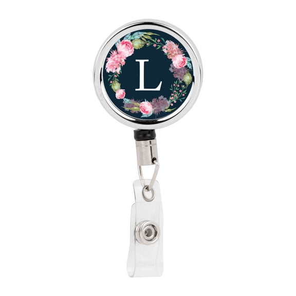Koyal Wholesale Retractable Badge Reel Holder With Clip, Blush Pink Peonies Flowers Monogram L