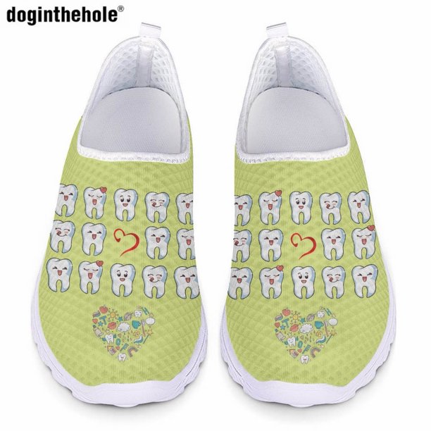 Zapatos planos casuales con estampado de dientes de dibujos animados de Doginthehole para mujer, zapatos de malla ligeros y transpirables de verano, zapatos planos cómodos para enfermería