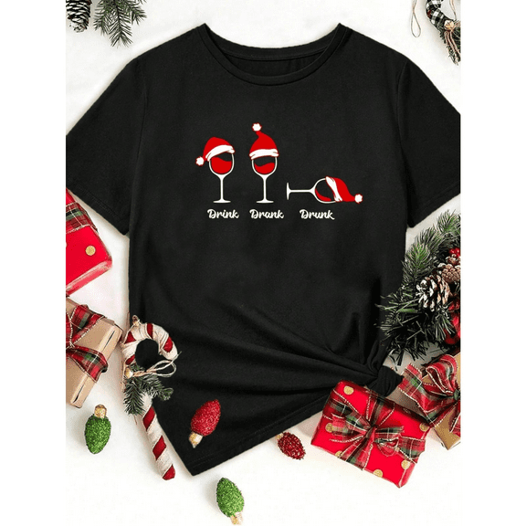 Holiday T-shirt – Drink Drank Drunk with Wine Glasses & Santa Hats