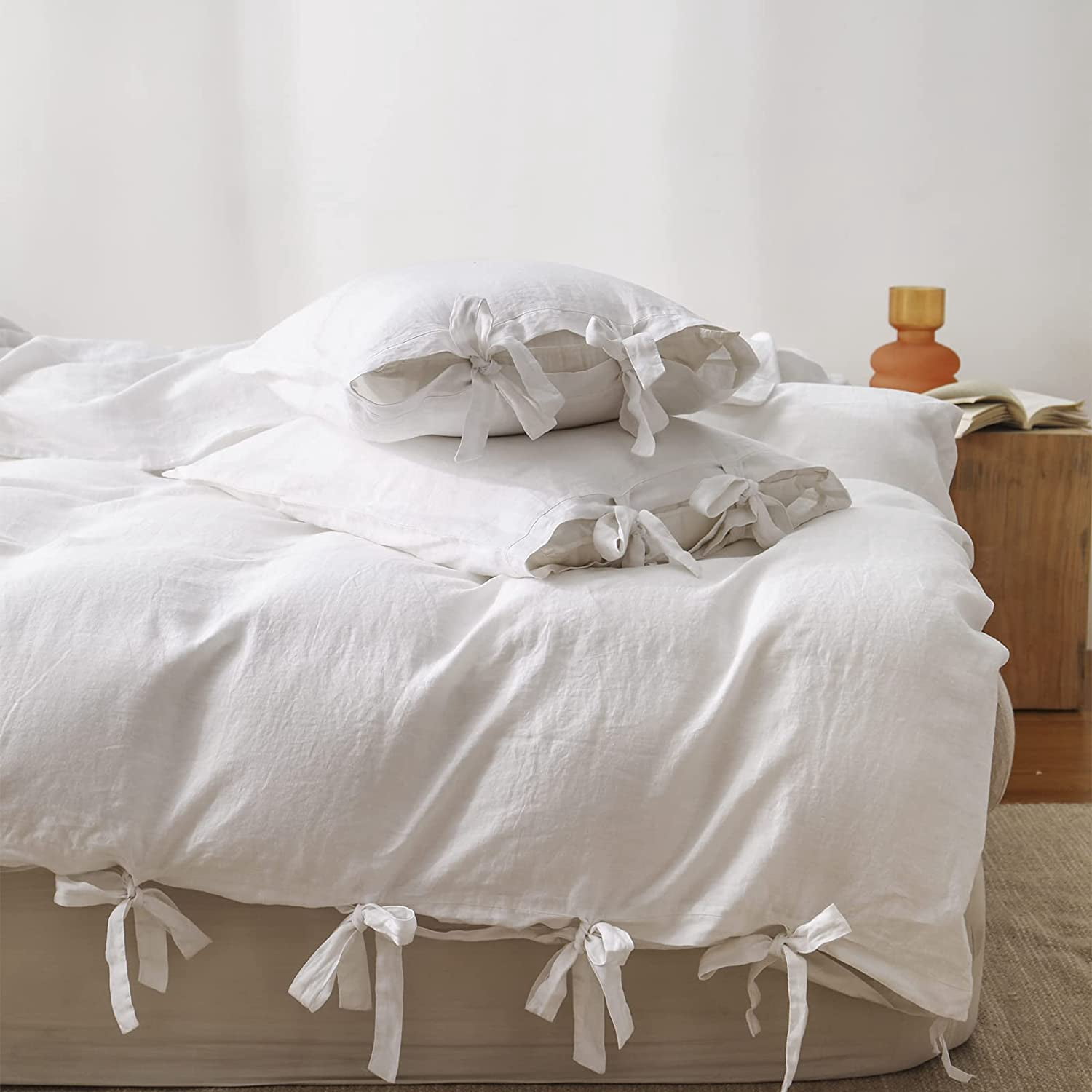 Simple&Opulence 100% Linen Duvet Cover Set, 3 Piece Belgian Flax Breathable Bedding, King Size 104''x92'' (1 Comforter Cover+2 Pillowshams) with Tie Closure Style,White