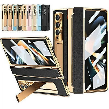 For Samsung Galaxy Z Fold 4 Case, Luxury Leather PC Shockproof Hinge Screen Protector Stand Case Cover