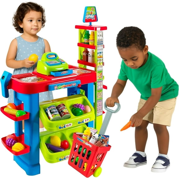 OLEOCA Supermarket Playset for Kids — Grocery Store Pretend Play with Toy Shopping Cart, Cash Register, Scanner & Play Food Accessories – Fun Gift for Ages 3 