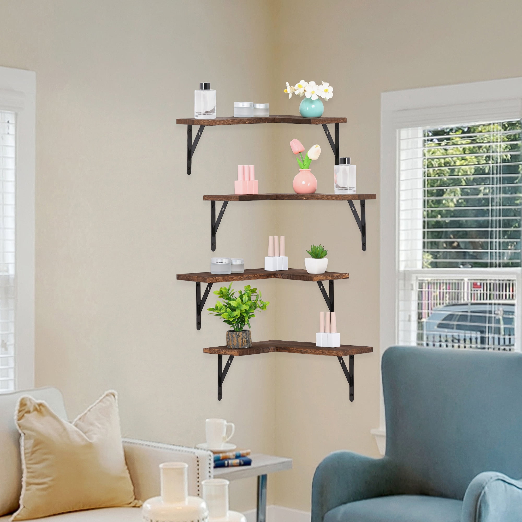 REGALWOVEN Wood Floating Shelves Set of 4, Wall Mounted Shelves for Bathroom and Kitchen Wall Decor Dark Brown 16*11.4in