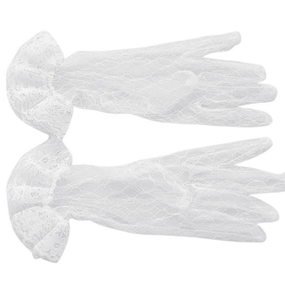COOLHOOD White Bridal Wedding Short Gloves Full Transparent Gauze Ruffle Lace Trim Wrist Length Party Mittens