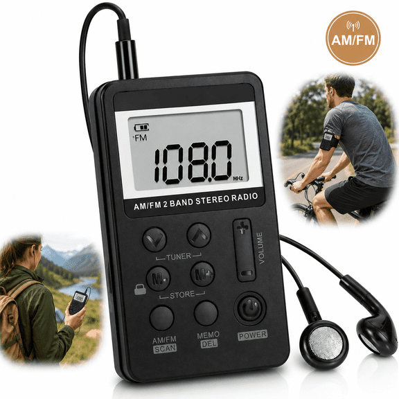 Personal AM/FM Portable Pocket Radio, Mini Digital Tuning Walkman Radio, with Rechargeable Battery, Earphone, Lock Screen for Walk/Jogging/Gym/Camping - Black