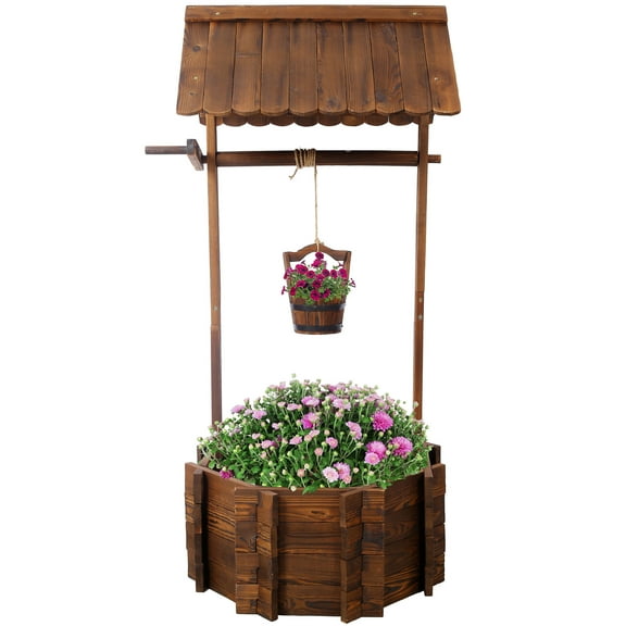 Rustic Wooden Wishing Well Planter Outdoor Home Décor for Patio, Garden, Yard w/Hanging Bucket  25"