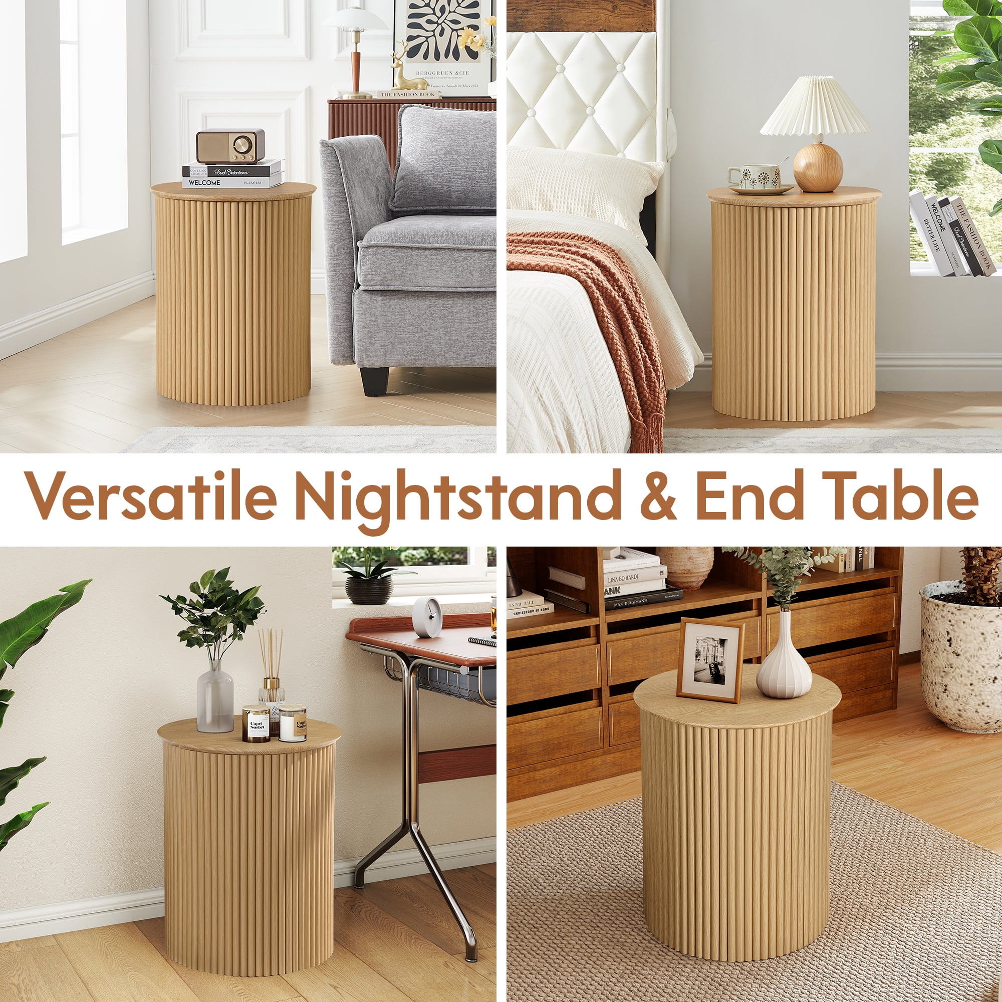 YOCWO Small Round End table for Living Room with fluted Design, Circle Bedside Table for Bedroom, Natural
