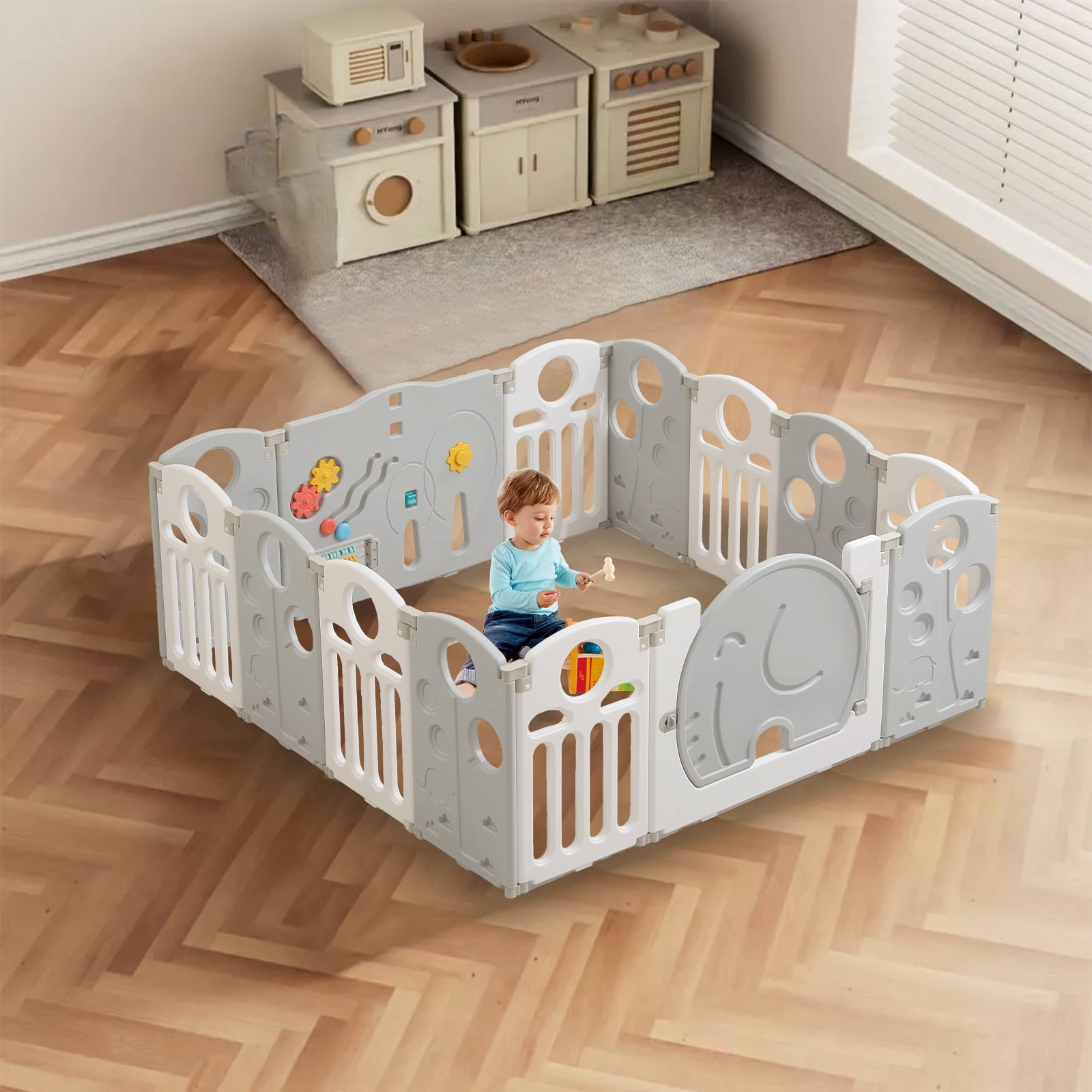 Kids and Toddlers' Playpen,Kids Activity Center Safety Play Yard for Indoor&Outdoor,Portable,Plastic,Grey&White,14 Panels