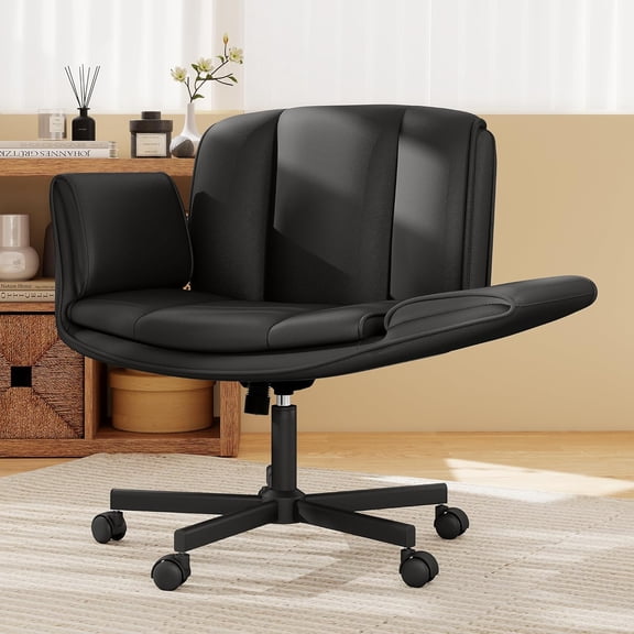 HeroSet Criss Cross Chair with Wheels & Armrests,Comfy Wide Vanity Chair,Scratch-Resistant Pu Leather Cross Legged Desk Chair,Height Adjustable Computer Office Desk Chairs for Home,Makeup,Bedroom