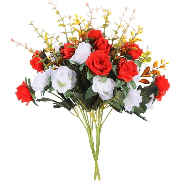 Nvzi Flores artificiales, 2 paquetes de rosas artificiales, 24 pequeñas rosas de seda, flores de plástico, plantas para el hogar, hoteles, bodas, decoraciones de mesas navideñas, color rojo