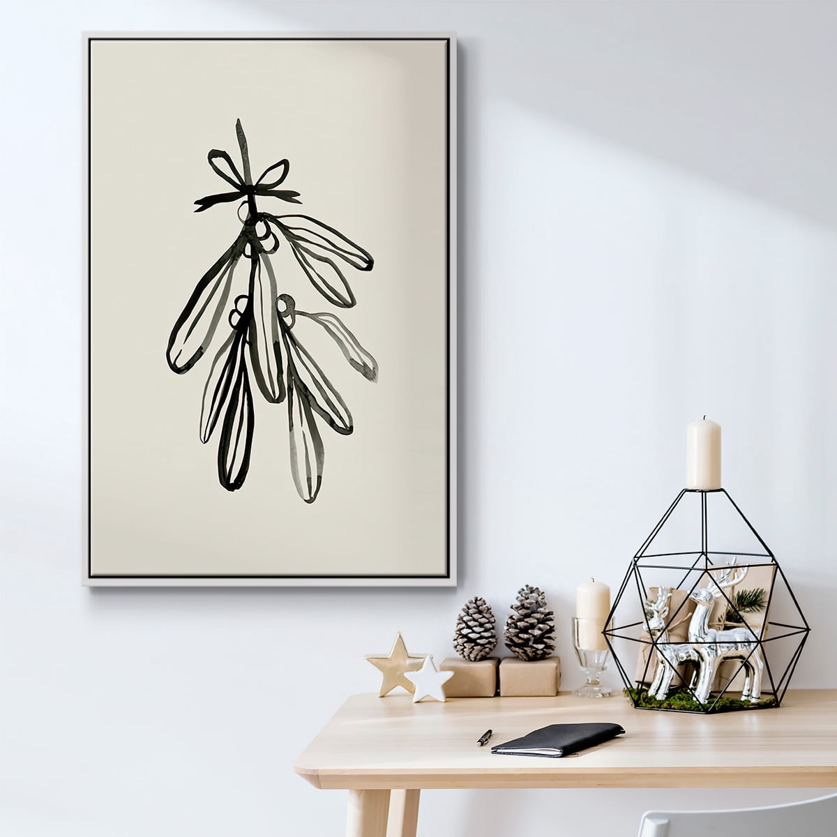 Mistletoe Sketch with Bows I - Framed Gallery Wrapped Holiday Canvas - 27 x 41 - White Frame