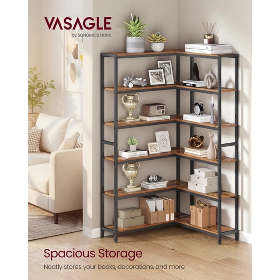 6-Tier Corner Bookshelf, Convertible Metal Frame Shelf with Adjustable Feet, 463 lb Capacity for Living Room Office, Rustic Brown & Black