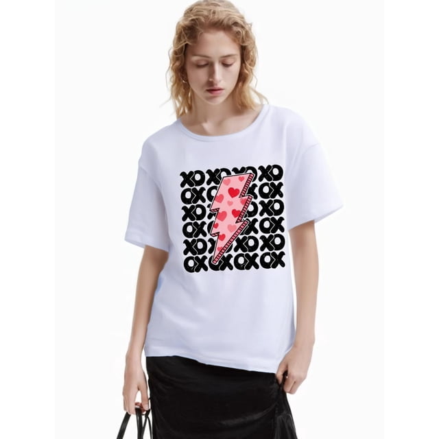 Valentine's Heart Lightning and monogram printed crew collar sport T-shirt, comfortable soft casual short sleeve top, women's dress Tee Tee For Adult, Men, Women, Teen, Teenager, Adolescent, Youth
