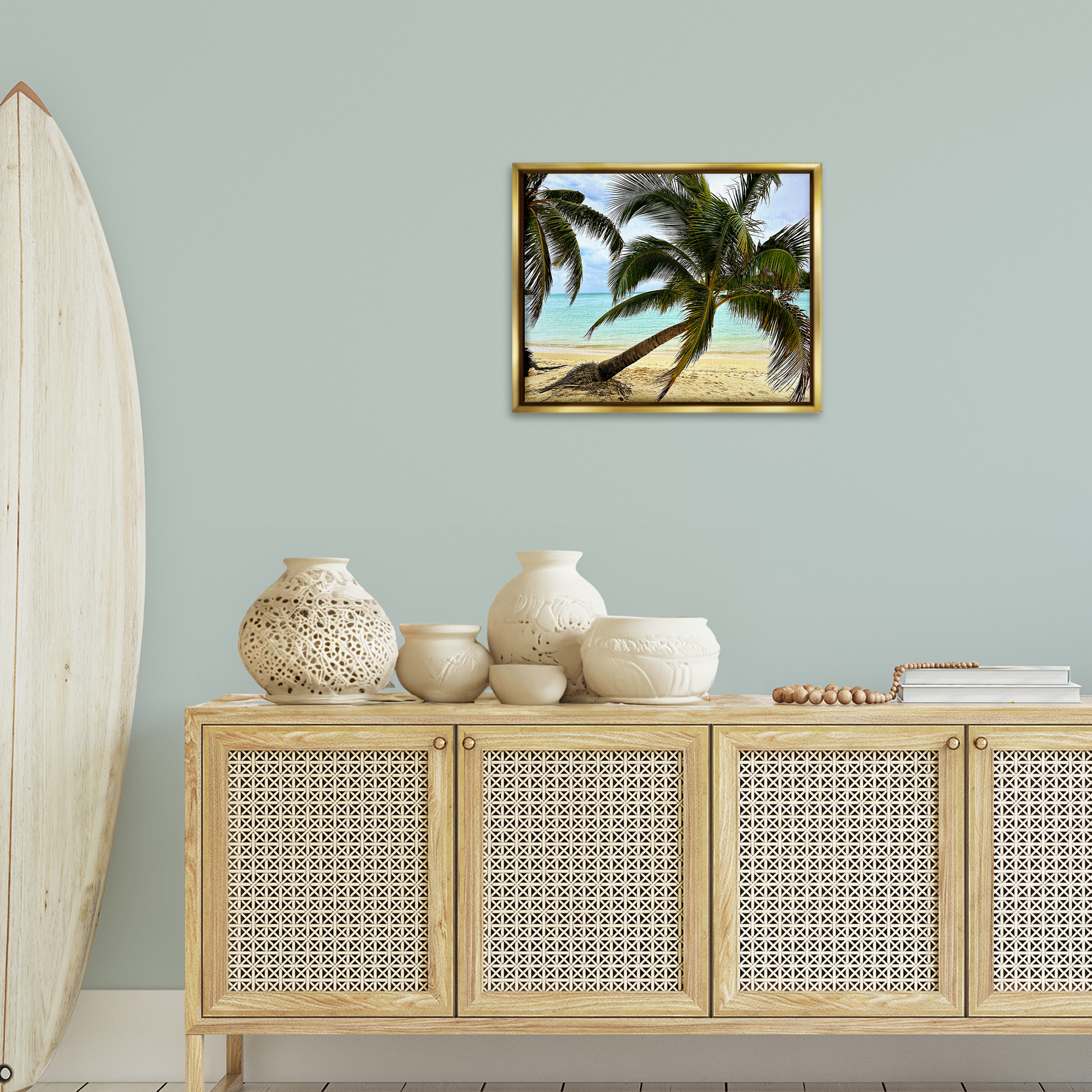 Stupell Industries Leaning Palms on Beach Landscape Photography Gold Floater Framed Canvas Art Print Wall Art, 21 x 17