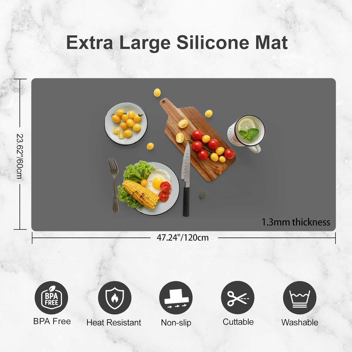 Silicone Mats for Kitchen Counter,  47.24"x 23.62" Extra Large Silicone Mat, Non-slip Heat Resistant Kitchen Counter Mat, Quartz Countertop Protector, Shipped Rolled Up, No Creases, Gray