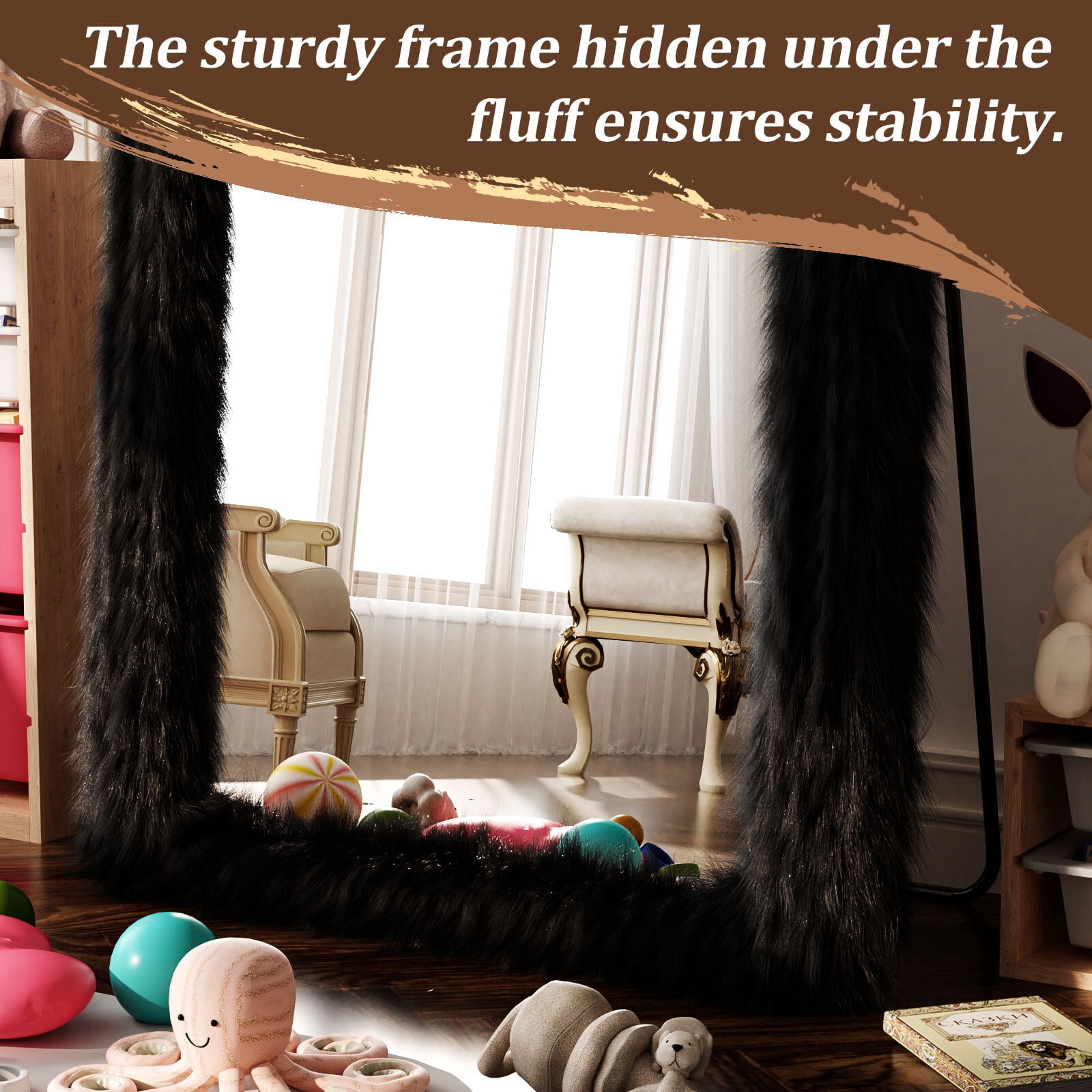 NimbleRest 71"x32.1" Large Fluffy Arched Full-Length Floor Mirror Dressing Mirror with Fuzzy Frame for DIY, Black