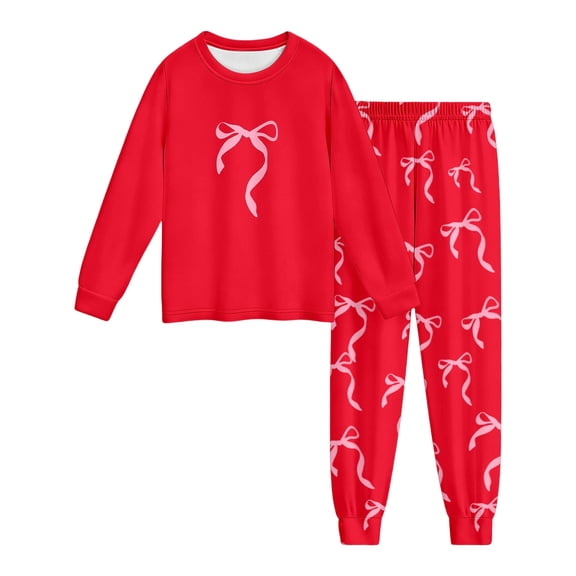 Kids Girls Pajamas Set Cute Bow Tie Print Long Sleeve Crewneck Top with Pants Pajamas Sleepwear Outfit Set Clothes for Girls 9-10 Years