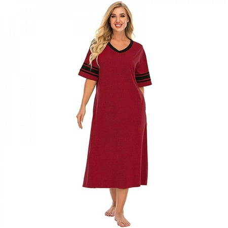 

Fantadool V-neck Pajamas Dress Women Fashion Casual Nightshirt Short Sleeve Loose Nightgown Ultra-soft Sleepwear Mid-Calf Dress