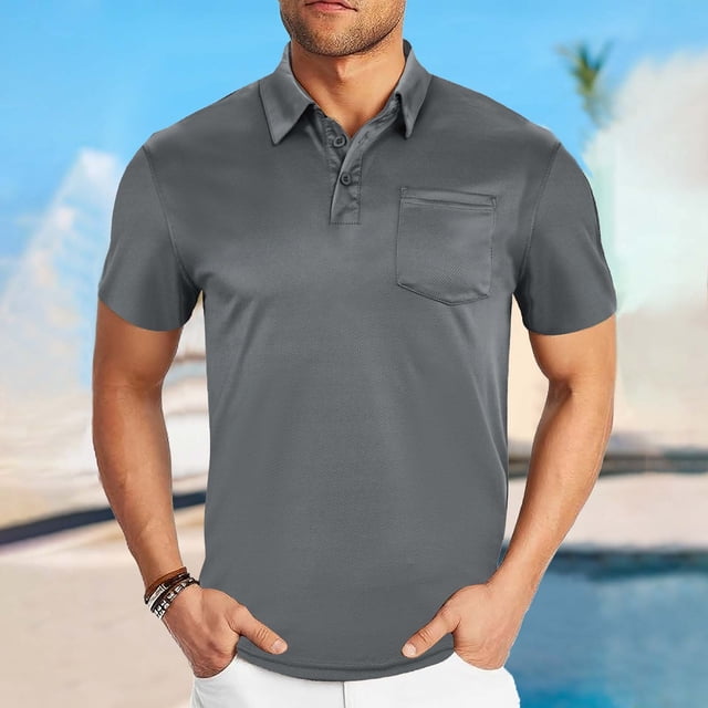 Styesk T-Shirts pour Homme Hommes Couleur Unie Respirant Poche de Mouvement Bouton Manches Courtes Col Rabattu Blouse
