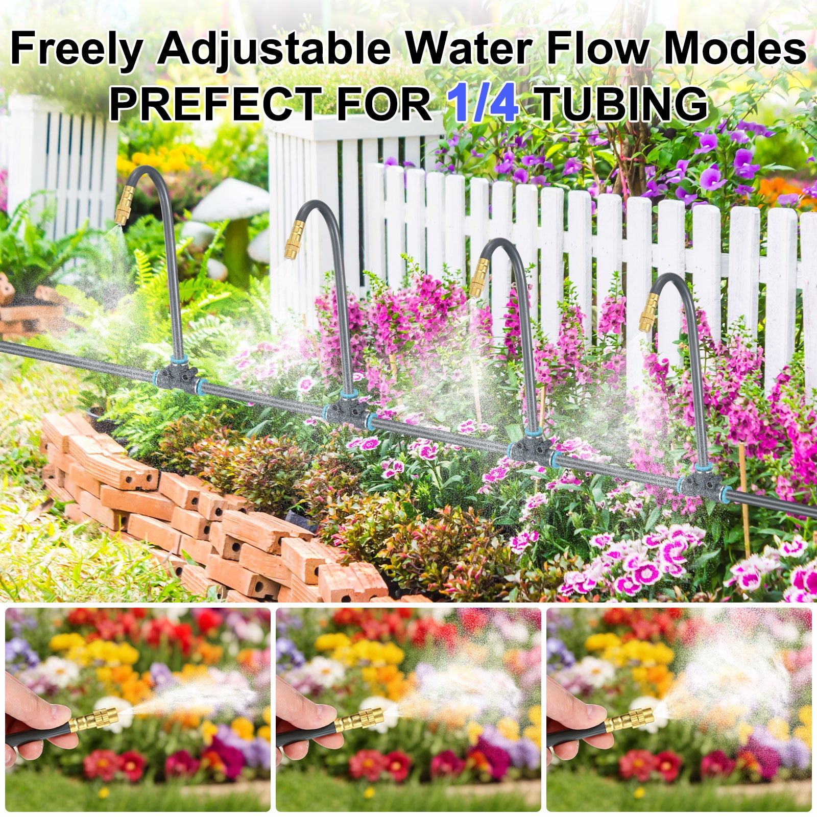 Uxcell 1-Set Drip Irrigation System, 50Ft 1/4" Hose Garden Watering Misting System with 12pcs 360° Adjustable Copper Nozzles