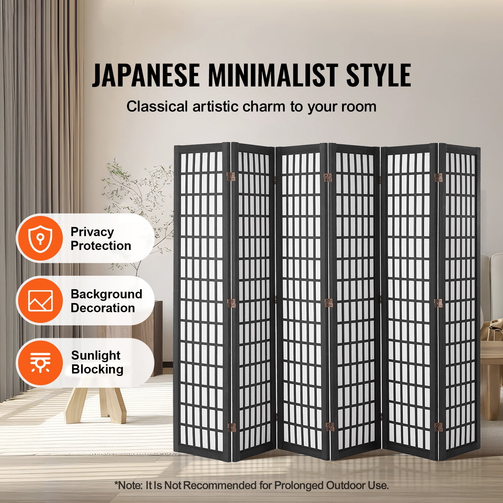 KFFKFF 6-Panel Folding Room Divider, Japanese-Style Privacy Screen, Portable Partition for Indoor Use, Ideal for Room Separation, Home, Office, Restaurant, and Bedroom (Black)