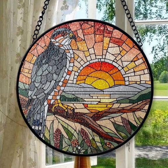 Cooper's Hawk on branch GLASS Window Hanging, Sunset landscape, Bird Nerd, Bird Suncatcher Decor,cooper's Hawk Decor, bird feeder, Stained Glass Ornament 2025, Holiday Decoration,