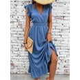 thumbnail image 3 of Blue Casual Wrap Waist-Cinched Women Maxi Dress With Ruffle Sleeves And Hem, 3 of 7