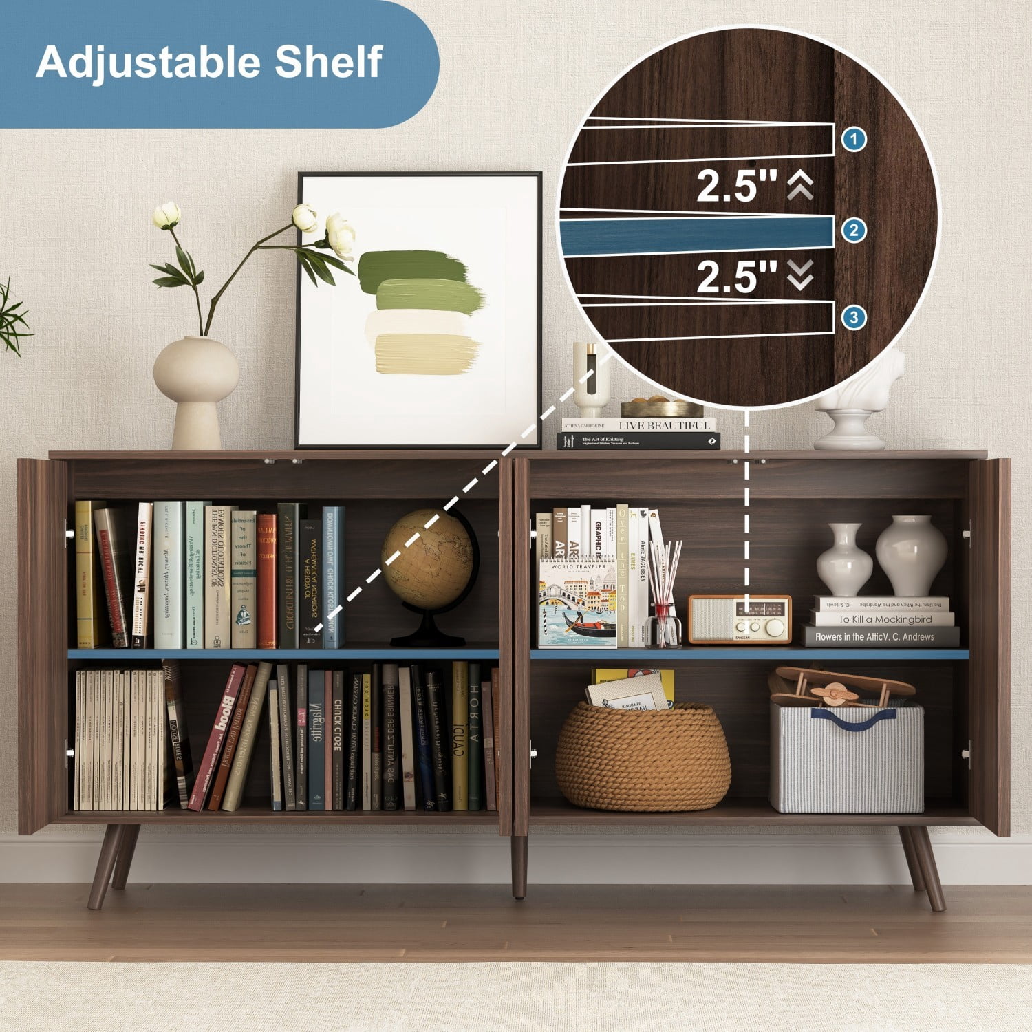 59.1" Sideboard Buffet Cabinet with Storage, 4 Door Credenza Cabinet with Adjustable Shelves, Wood Coffee Bar Console Cabinet for Kitchen Dining Room Living Room, Walnut