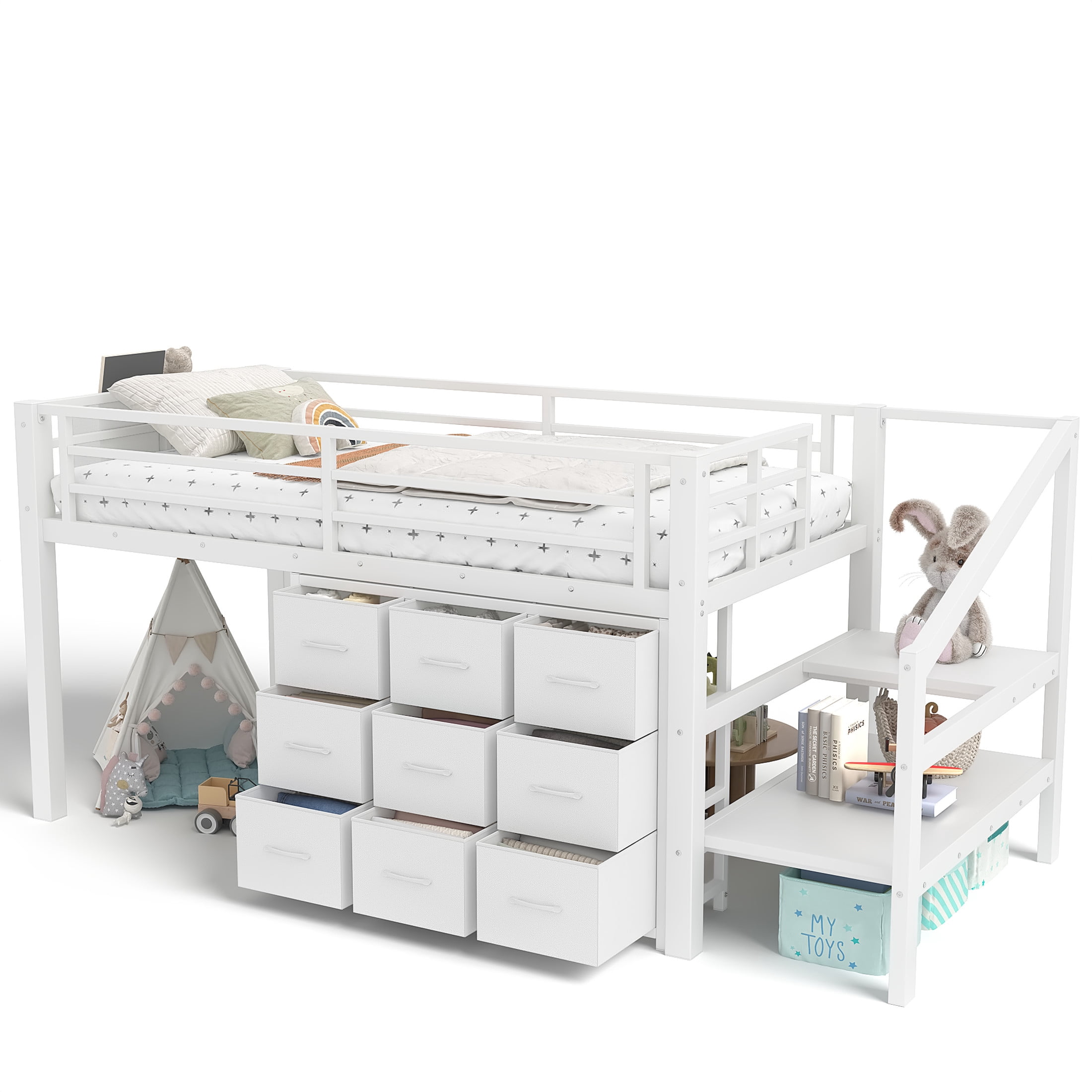 Noble House Twin Low Loft Bed with Built-In Lights, Drawers and Shelves, White