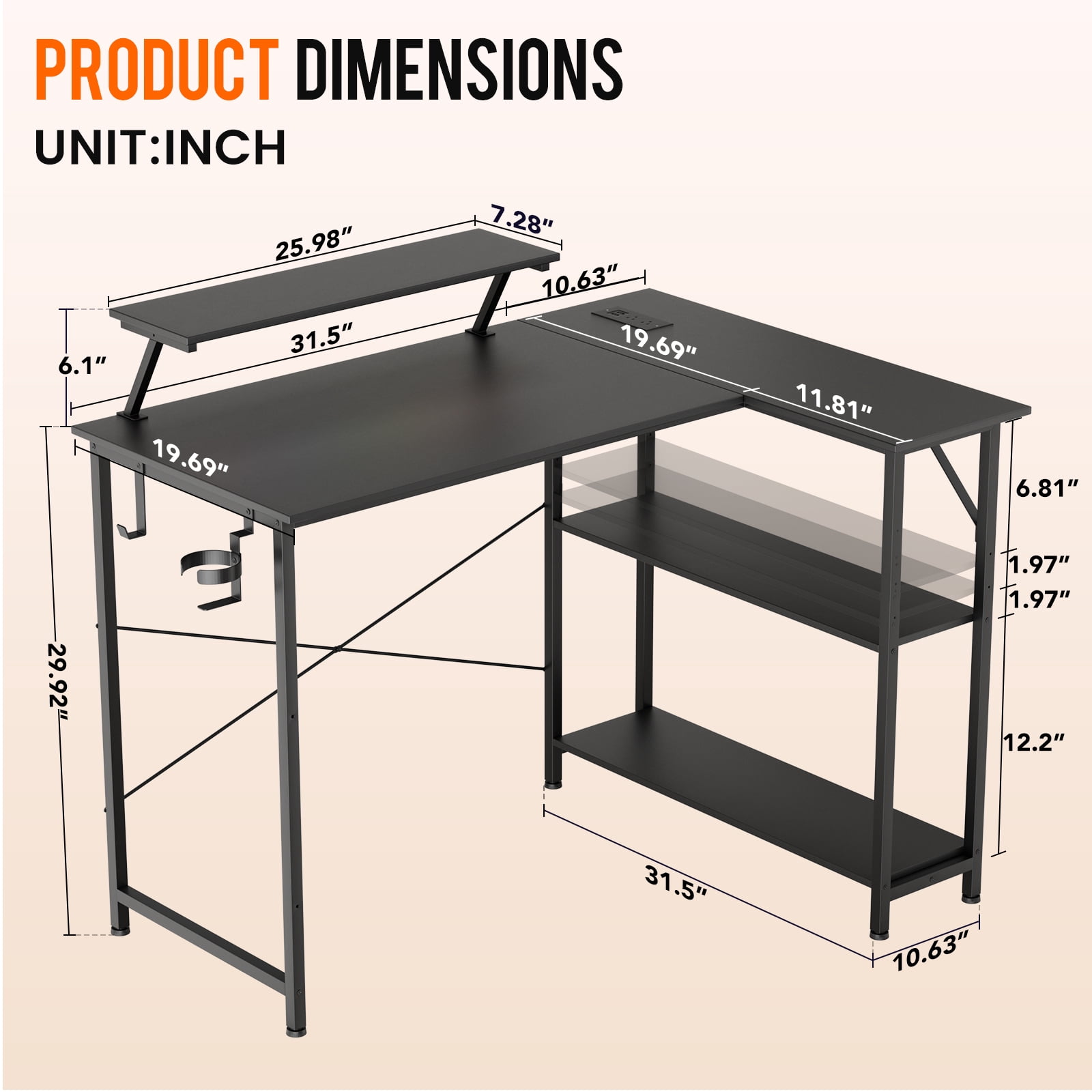 CLOUDREST PTO 42" L-Shaped Office Desk with Power Outlets & RGB LEDs, Black