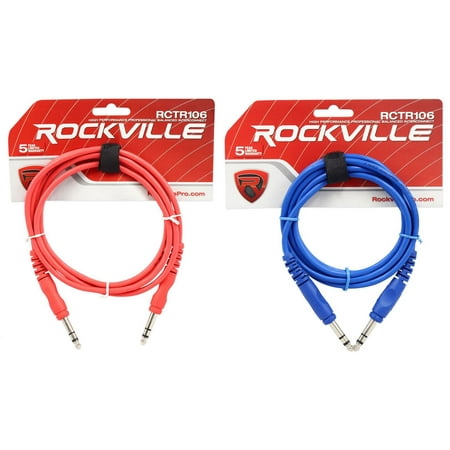 2 Rockville 6 1/4 TRS to 1/4 TRS Cable 100% Copper (Red and Blue)