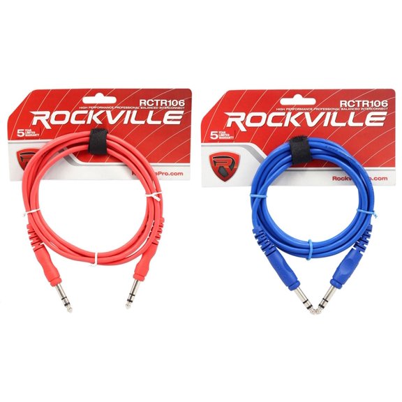2 Rockville 6' 1/4'' TRS to 1/4'' TRS Cable 100% Copper (Red and Blue)