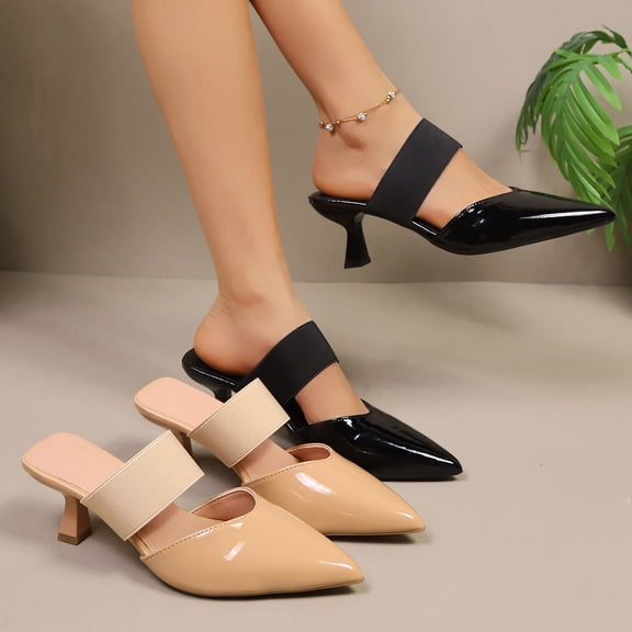 Women's Patent Leather Pointed Toe Heeled Mules, Elastic Strap Stiletto Dress Shoes, Plus Size Comfortable High Heel Shoes for Daily Wear